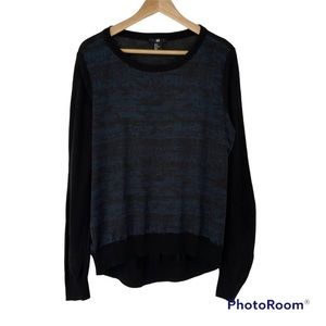 H & M BLACK/TEAL MIXED MEDIA TOP/LIGHT SWEATER, MEDIUM
